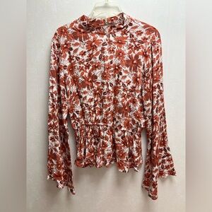 NWT Andree By Unit Womens Rust Floral Blouse Bell Sleeve Cutout Back Large